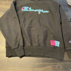 Champion Black Crewneck with Blue and Red Logo